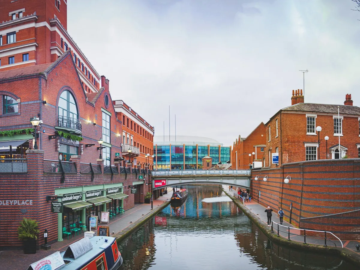 Narrowboats on the canal at Brindleyplace in Birmingham